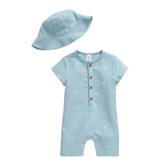 Nordstrom Baby Blue Henley Romper & Hat Set Size Newborn - Picture 1 of 8